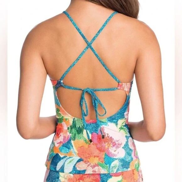 VERA BRADLEY Blue Water Bouquet Reversible Tankini Swim Bikini Top XL 16-18 - Picture 2 of 15